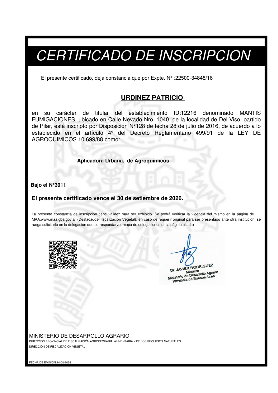 Certificado habilitante de Mantis